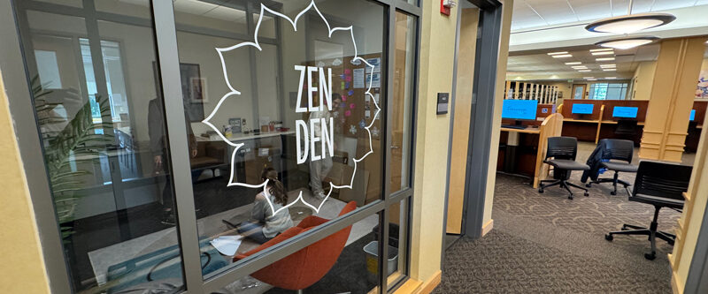 image taken from outside of zen den, but in the library, shows window, and hallway to main library