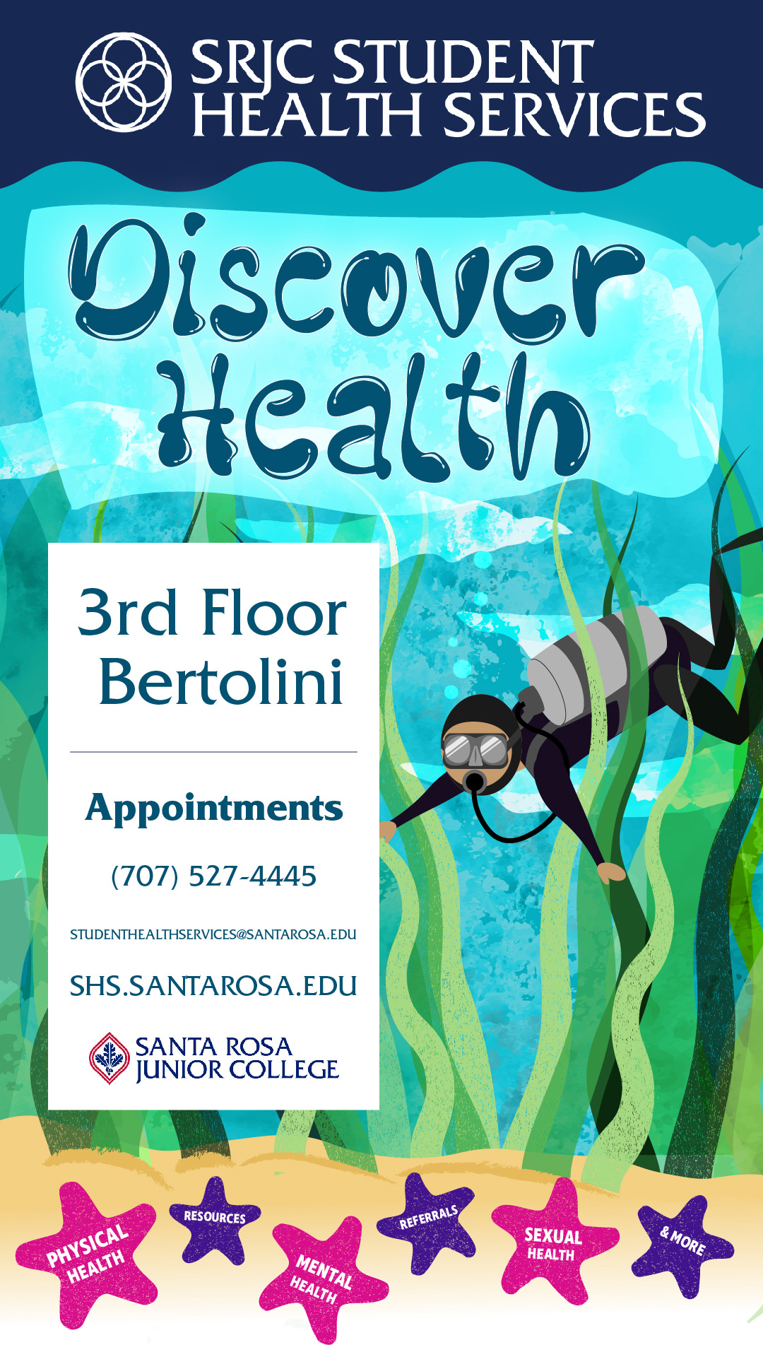 Colorful illustrated flyer for SRJC Student Health Services featuring an underwater theme with seaweed, a scuba diver, and starfish. Text reads 'Discover Health.' Lists location as 3rd Floor Bertolini and provides contact information for appointments at (707) 527-4445, email studenthealthservices@santarosa.edu, and website shs.santarosa.edu. Starfish highlight services including physical health, resources, mental health, referrals, sexual health, and more. Includes Santa Rosa Junior College logo.