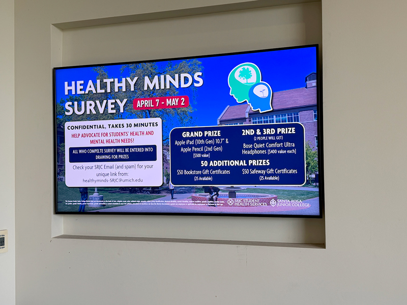 Digital sign promoting SRJC’s Healthy Minds Survey, open April 7 to May 2. Students who complete the confidential 30-minute survey are entered to win prizes like an iPad, Apple Pencil, Bose headphones, and gift cards. Survey link sent to SRJC email. Hosted by Student Health Services.