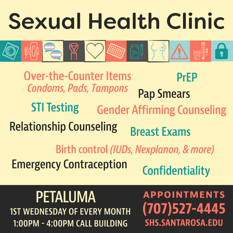 Flyer for SRJC Sexual Health Clinic listing services like STI testing, PrEP, birth control, Pap smears, breast exams, gender-affirming and relationship counseling, and emergency contraception. Clinic held in Petaluma, 1st Wednesday each month, 1–4 PM in the Call Building. Contact: (707) 527-4445, shs.santarosa.edu.