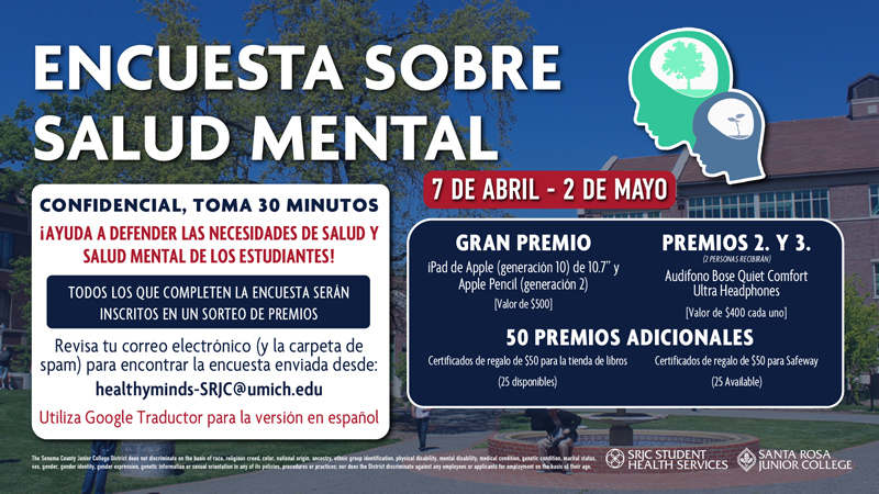 Spanish-language flyer promoting a mental health survey for students at Santa Rosa Junior College. Encuesta sobre salud mental para estudiantes del Santa Rosa Junior College. La encuesta es confidencial, dura 30 minutos y estará disponible del 7 de abril al 2 de mayo. Los participantes pueden ganar premios como un iPad de Apple (generación 10) con Apple Pencil, audífonos Bose, y certificados de regalo de $50 para la tienda de libros o Safeway. El enlace a la encuesta será enviado al correo electrónico desde: healthyminds-SRJC@umich.edu. Logos de SRJC Student Health Services y Santa Rosa Junior College al pie de la imagen.
