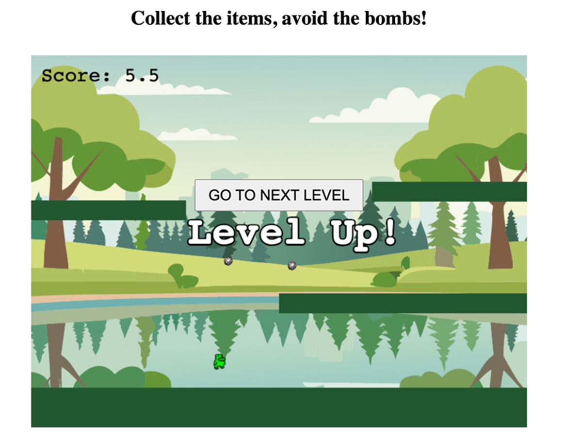 Screenshot of a cartoon-style video game with a nature background of trees and a lake. Text at the top reads 'Collect the items, avoid the bombs!' The screen shows 'Score: 5.5' in the top left. A green duck character is visible near the bottom, and text in the center reads 'Level Up!' with a button above it that says 'Go to Next Level'. Bombs are floating mid-screen.