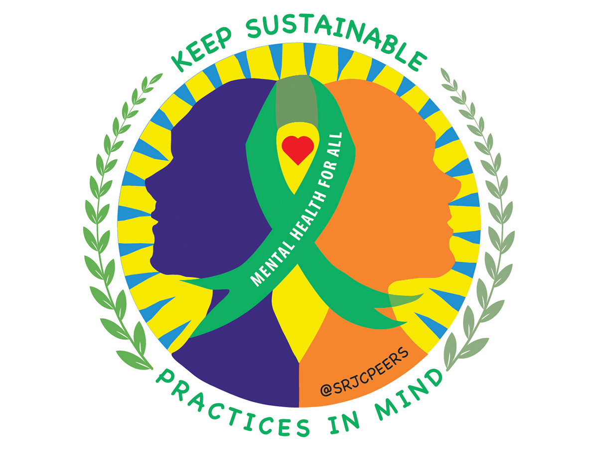 illustration of mural: 2 heads back to back, with a green ribbon in between. Reads:"Keep Sustainable Thoughts in Mind" and "Mental Health for All"
