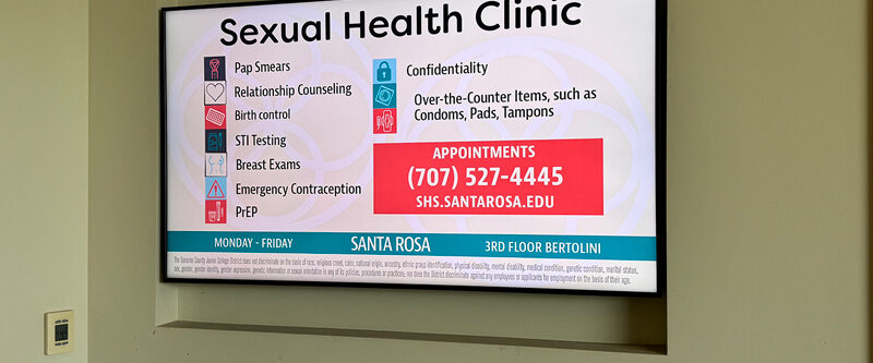 Flyer for SRJC Sexual Health Clinic listing services like STI testing, PrEP, birth control, Pap smears, breast exams, gender-affirming and relationship counseling, and emergency contraception. Clinic held in Petaluma, 1st Wednesday each month, 1–4 PM in the Call Building. Contact: (707) 527-4445, shs.santarosa.edu.