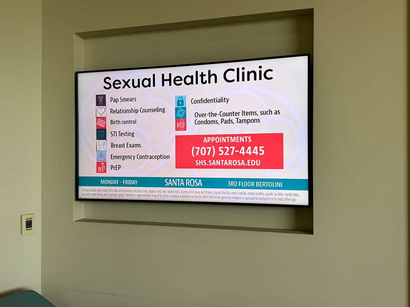 Flyer for SRJC Sexual Health Clinic listing services like STI testing, PrEP, birth control, Pap smears, breast exams, gender-affirming and relationship counseling, and emergency contraception. Clinic held in Petaluma, 1st Wednesday each month, 1–4 PM in the Call Building. Contact: (707) 527-4445, shs.santarosa.edu.
